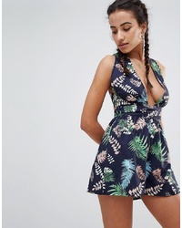 PrettyLittleThing Tropical Print Tie Back Playsuit