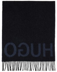 Hugo Blue Black Wool Logo Scarf