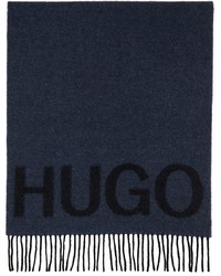 Hugo Blue Black Wool Logo Scarf