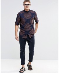 Asos Brand Shirt In Navy Tapestry Print With Half Sleeves In Regular Fit