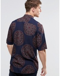 Asos Brand Shirt In Navy Tapestry Print With Half Sleeves In Regular Fit
