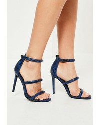 Missguided Blue Snake Print Three Strap Barely There Heels