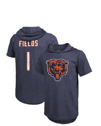 Majestic Threads Fanatics Branded Justin Fields Navy Chicago Bears Player Name Number Tri Blend Short Sleeve Hoodie T Shirt