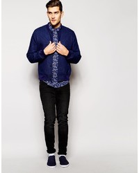 Asos Brand Shirt In Short Sleeve With Indigo Ditsy Floral Print