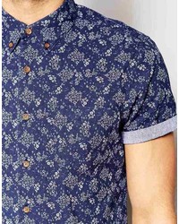 Asos Brand Shirt In Short Sleeve With Indigo Ditsy Floral Print