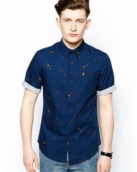 Farah Vintage Shirt With Dandelion Print With Short Sleeves In Slim Fit Blue