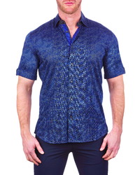 Maceoo Galileo Weave Blue Short Sleeve Button Up Shirt