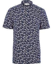 River Island Navy Flamingo Print Short Sleeve Shirt
