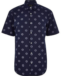 River Island Navy Flower Print Short Sleeve Shirt