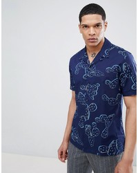 Antony Morato Revere Collar Short Sleeve Shirt In Blue With Cactus Print