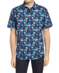 Bugatchi Shaped Fit Flamingo Print Stretch Short Sleeve Button Up Shirt