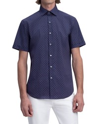 Bugatchi Shaped Fit Stretch Print Short Sleeve Button Up Shirt In Navy At Nordstrom