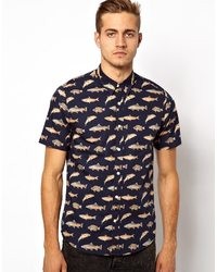 Asos Shirt In Short Sleeve With Fish Print Blue