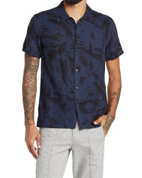 7 For All Mankind Short Sleeve Camp Slim Shirt In Navy Black Palm At Nordstrom
