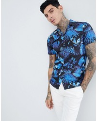 Twisted Tailor Skinny Short Sleeve Revere Shirt With Print