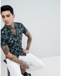 Twisted Tailor Slim Revere Shirt In Blue With Pineapple Print