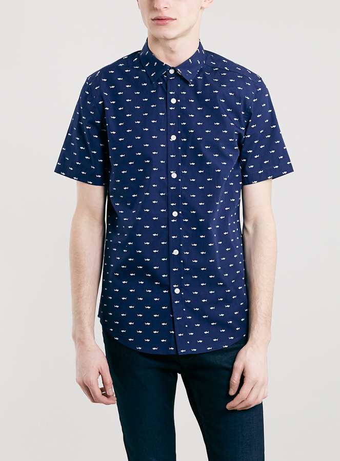 Topman Blue Denim Baseball Short Sleeve Shirt, $50, Topman