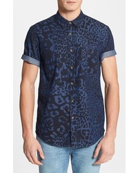 Topman Mixed Leopard Print Short Sleeve Denim Shirt Blue Large