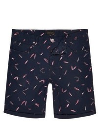 River Island Navy Feather Print Slim Fit Chino Shorts