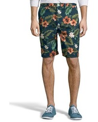 Jachs Navy Floral Print Cotton Tweed Bleecker Bermuda Shorts