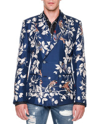 Dolce & Gabbana Bird Print Double Breasted Silk Blazer Blue