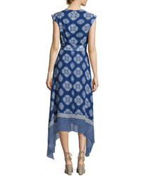 Shoshanna Catrina Sleeveless Printed Silk Wrap Dress Blue