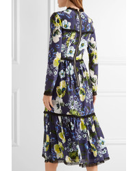 Erdem Georgie Lace Trimmed Printed Silk Crepe De Chine Dress Navy