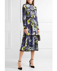 Erdem Georgie Lace Trimmed Printed Silk Crepe De Chine Dress Navy