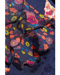 Anna Sui Printed Silk Jacquard And Silk Crepon Mini Dress Navy