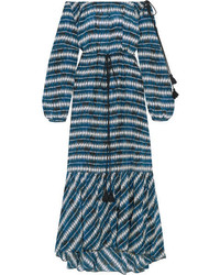 Figue Marlie Off The Shoulder Printed Silk Maxi Dress Blue