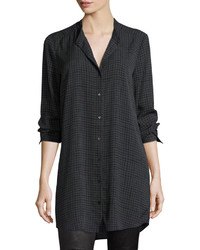 Eileen Fisher Grid Printed Silk Crepe Mandarin Long Button Front Shirt Plus Size