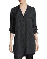 Eileen Fisher Grid Printed Silk Crepe Mandarin Long Button Front Shirt Plus Size