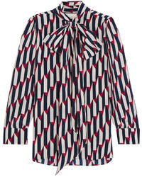Gucci Pussy Bow Printed Silk Crepe De Chine Shirt Navy