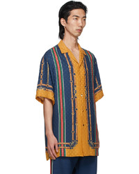 Gucci Blue Gold Silk Jacquard Short Sleeve Shirt