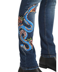 Roberto Cavalli Skinny Snake Printed Stretch Denim Jeans