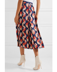 Gucci Pleated Printed Silk Twill Midi Skirt Navy