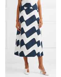 Victoria Beckham Printed Cotton Blend Midi Skirt Navy