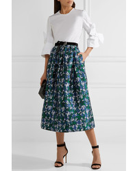 Oscar de la Renta Printed Silk Mikado Midi Skirt Blue