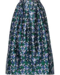 Oscar de la Renta Printed Silk Mikado Midi Skirt Blue