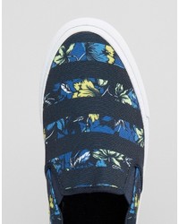Asos Slip On Sneakers In Navy Floral Print With Stripe