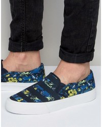 Asos Slip On Sneakers In Navy Floral Print With Stripe