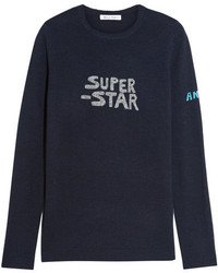 Bella Freud Super Star Metallic Intarsia Wool Blend Sweater Midnight Blue