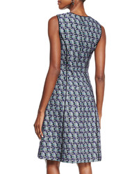 Oscar de la Renta Sleeveless Multi Print Tweed Dress Bright Navy
