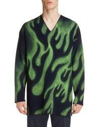 Balenciaga Flame Print Oversize V Neck Wool Blend Sweater