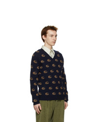 Gucci Navy Jacquard Double G V Neck Sweater