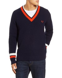 Fred Perry Tipped Wool Cotton V Neck Sweater