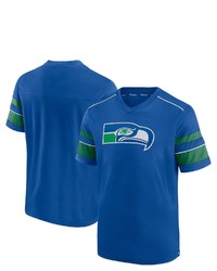 FANATICS Branded Royal Seattle Seahawks Textured Throwback Hashmark V Neck T Shirt