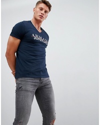 Armani Exchange Slim Fit V Neck Logo T Shirt In Navy