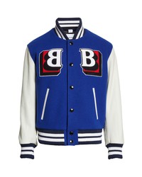 Burberry Felton B Logo Leather Sleeve Wool Blend Varsity Jacket