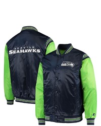 STARTE R College Navyneon Green Seattle Seahawks Enforcer Satin Varsity Full Snap Jacket